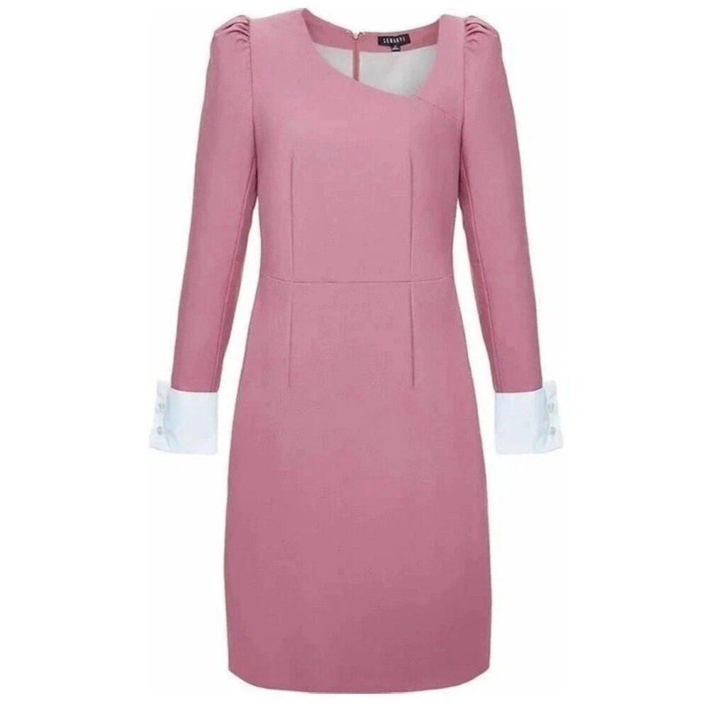 Seragyi Size 10 Rose Pink Auggie Dress White Cuffs Knee Length Wool NWT $475